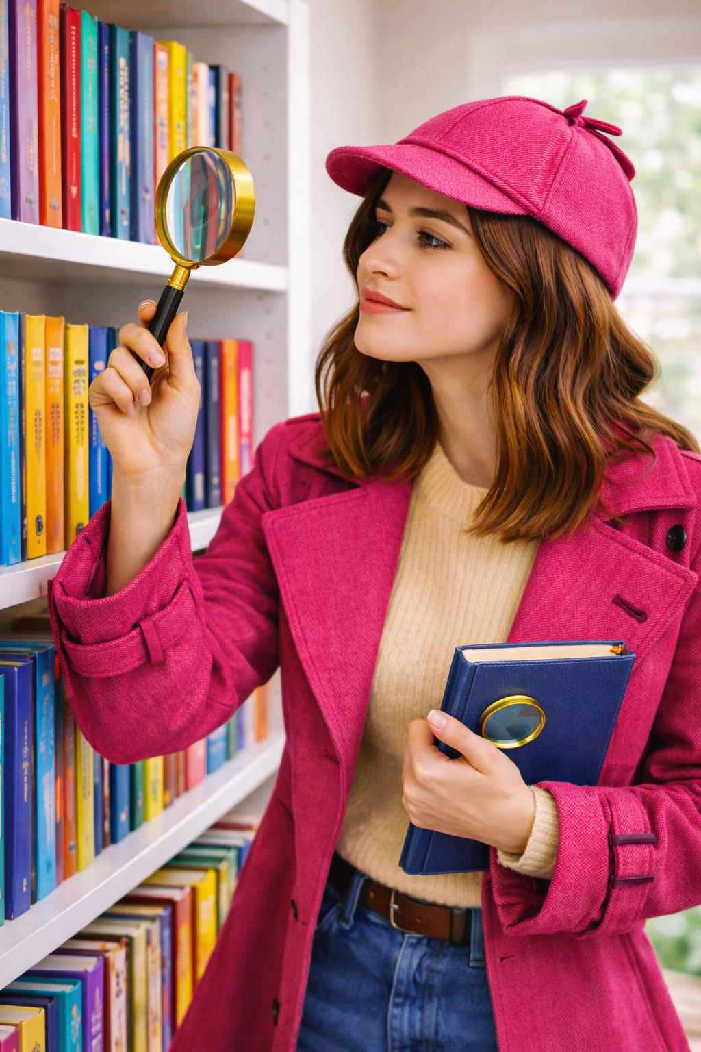 A reader detective inspecting books