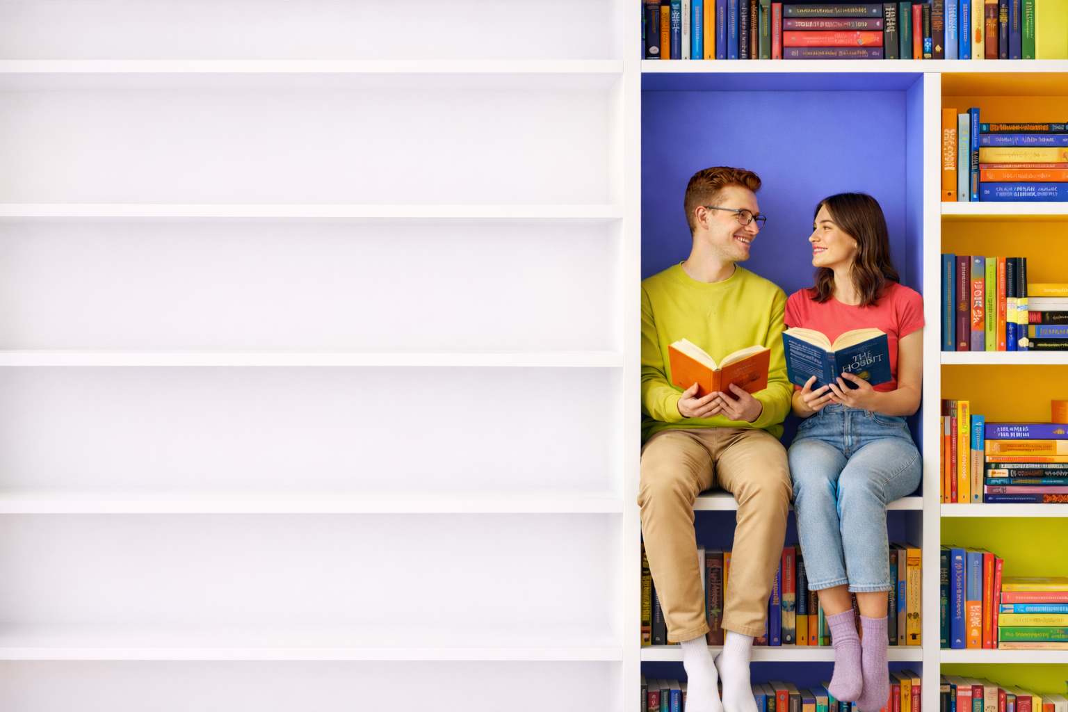 Couple reading together in a cosy bookshelf nook