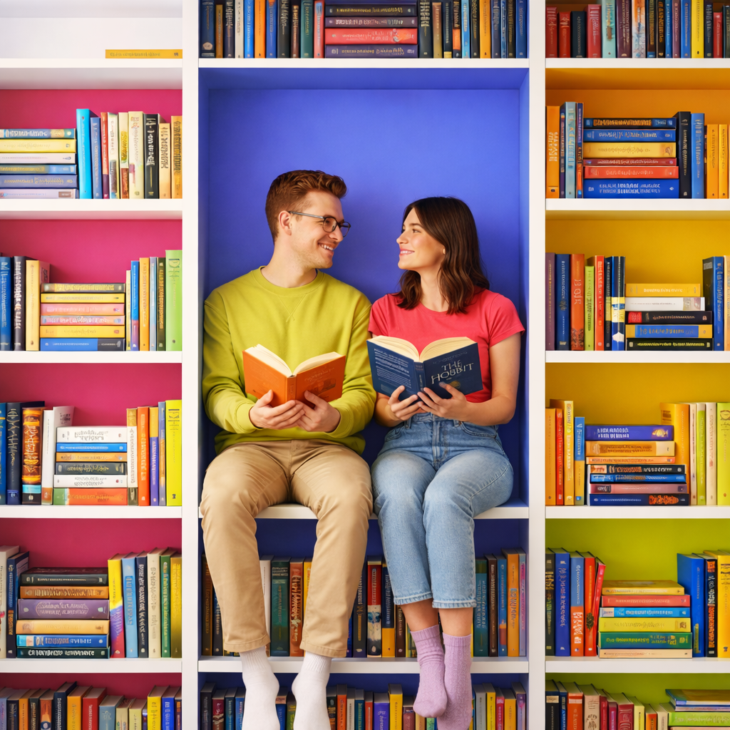 Couple reading together in a cosy bookshelf nook